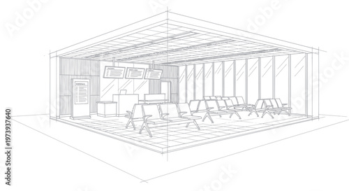 Architectural wireframe drawing of a modern interior space with seating.