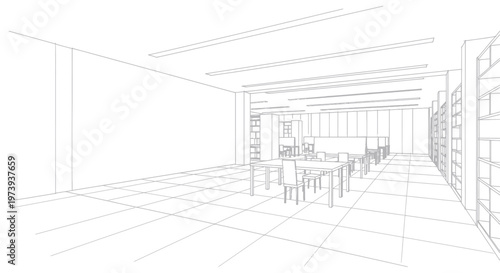 Architectural wireframe drawing of a modern interior space with tables and chairs.