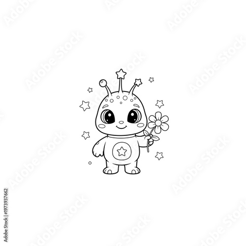 Cute alien character holding a flower with sci fi