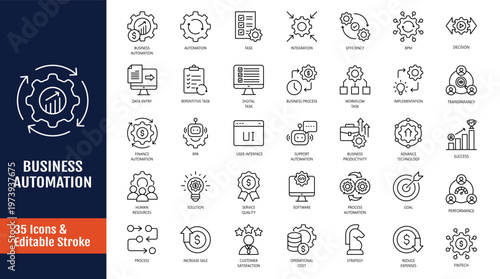 Business automation icon set. Icons related to process, optimization, robotic integration, business model, and more. Outline icon with Editable stroke. Vector illustration