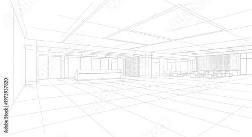 Architectural wireframe sketch of a modern empty interior space with grid floor and ceiling panels.