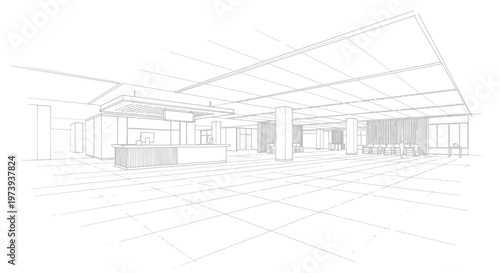 Architectural wireframe sketch of a modern interior space design.