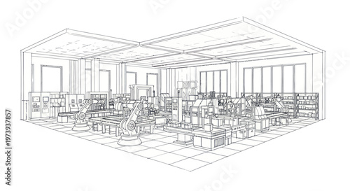 Architectural Wireframe Sketch of a Modern Office Interior.