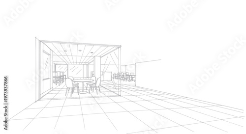 Architectural wireframe sketch of a modern interior space design.