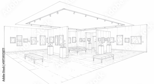 Art Gallery Interior Sketch with Exhibits and Lighting.