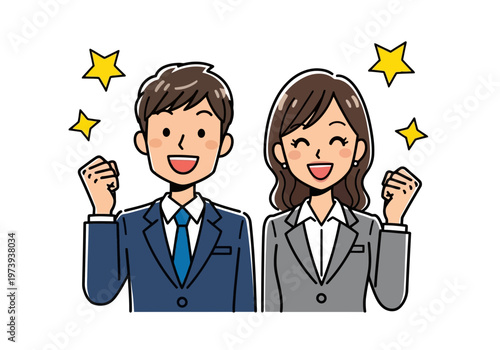Cartoon illustration of a young business man and woman cheering