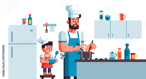 Man and boy cooking together kitchen.