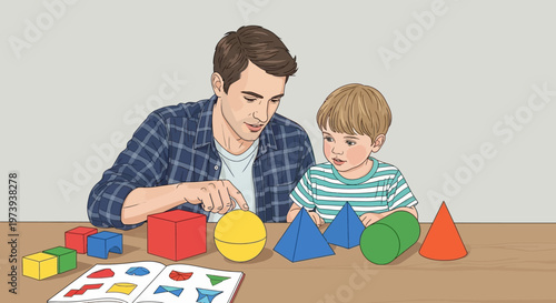 Man and boy playing with blocks.