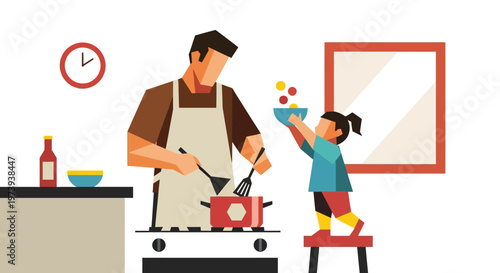 Man cooking with little girl helping.