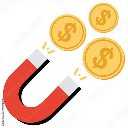 Business Metaphor Illustration with Magnet Attracting Golden Coins for Profit Concepts