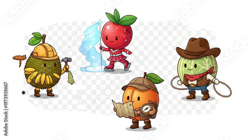 Set of Cute Cartoon Fruit Characters in Different Professional Costumes
