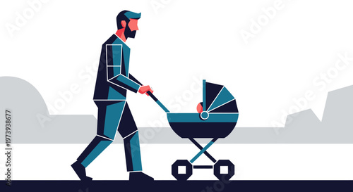 Man pushing baby stroller outdoors.