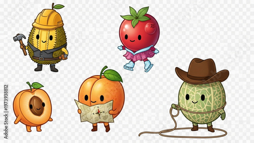 Cute Fruit Characters Mascot Set with Different Professions and Outfits