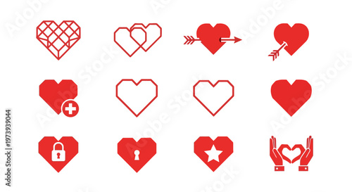 Red heart icons and symbols.