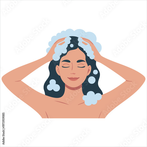 Female Personal Care Scene Showing Hair Washing Treatment with Cosmetic Products