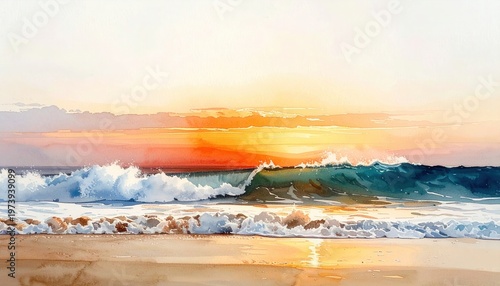 鮮やかなオレンジ色の夕日が水平線に沈む瞬間の美しい海岸を描いた水彩画の背景素材で、白く泡立つ波しぶきと穏やかな砂浜が黄金色の空と見事に調和した、静寂で平和な夏の夕暮れの風景を表現した芸術的な作品です。