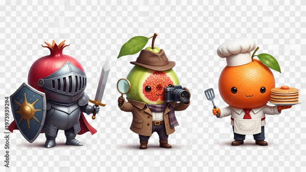 Fototapeta premium Cute Anthropomorphic Fruit Characters Knight Detective and Chef 3D Render
