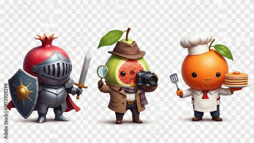 Cute Anthropomorphic Fruit Characters Knight Detective and Chef 3D Render
