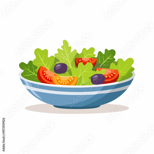 Colorful cartoon salad bowl with lettuce tomatoes olives