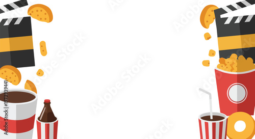 This flat vector illustration features movie clapperboards, popcorn, soda, and snacks arranged as a border around a blank white central space.