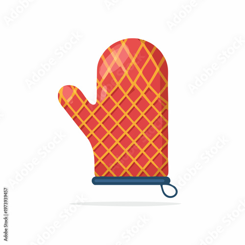 Red and yellow oven mitt with blue trim