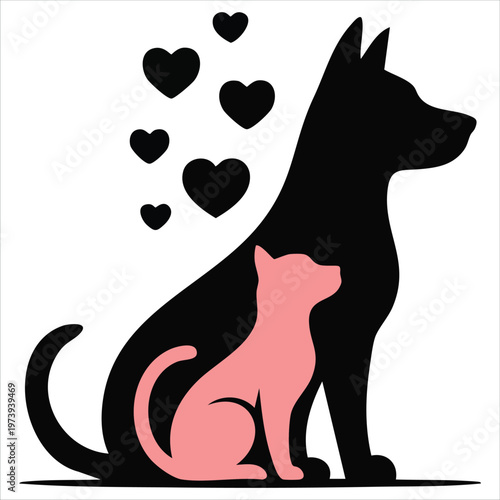 Pet Friendship Symbol Showing Feline and Canine Silhouettes with Romantic Heart Accent