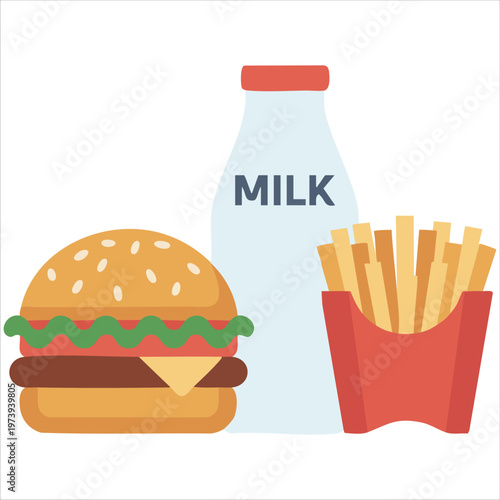 Fast Food Meal Components Including Layered Sandwich Fried Potatoes and Beverage Illustration