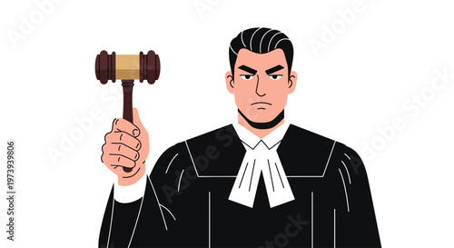 Stern Judge Holding Gavel in Courtroom Illustration
