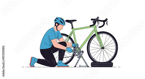Cyclist in a helmet repairing a green road bicycle on a stand.