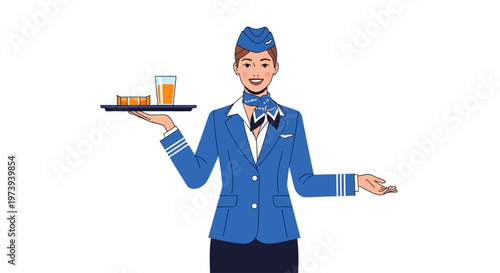 Smiling flight attendant offers drink and snack on a tray.