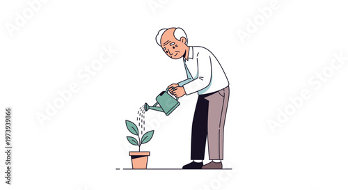 Senior man watering a potted plant illustration