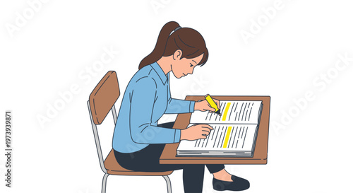 Young female student studying and highlighting text in a book at her desk