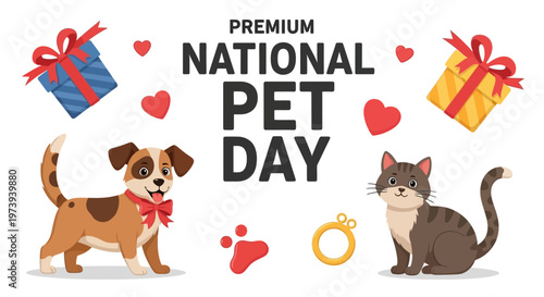 Festive National Pet Day vector illustration featuring a happy dog and cat, accompanied by paw prints, gifts, and hearts, all set against a bright white background with soft, cartoon-style