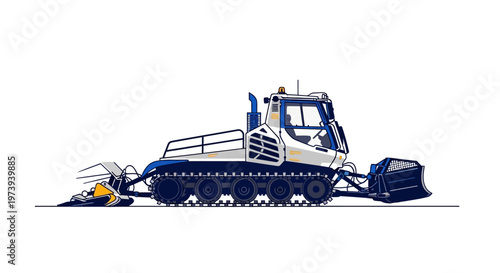 Illustration of a powerful snow groomer machine for winter ski slope maintenance.
