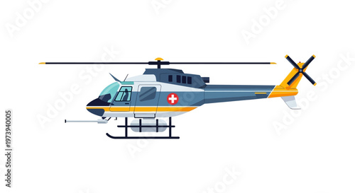 Medical helicopter with red cross symbol on white background