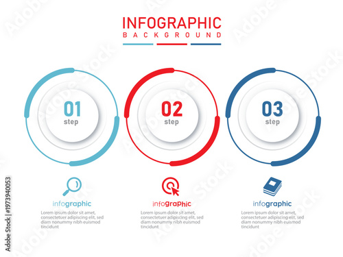Infographic timeline circular diagram horizontal flow template with icon | 3 steps abstract business progress presentation with workflow chart with minimal stylish border