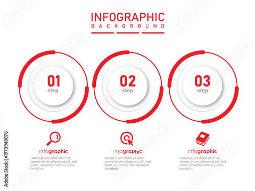 Infographic timeline circular diagram horizontal flow template with icon | Step by step business progress presentation with workflow chart with red stylish border