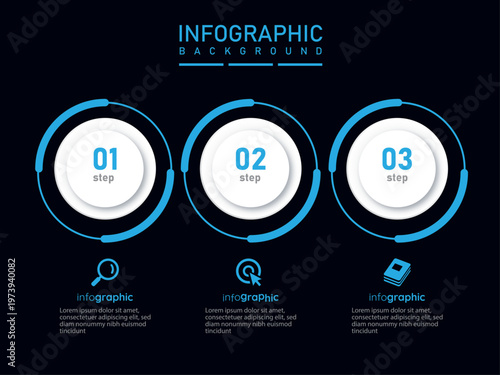 Infographic timeline circular diagram horizontal flow template with icon | Step by step business progress presentation with workflow chart with blue version minimal stylish border