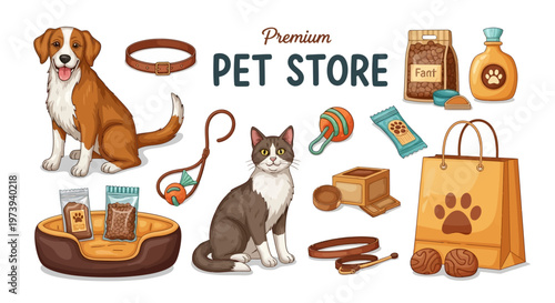 A colorful vector illustration showcasing various items from a pet store, including a dog, cat, bed, food, toys, collar, and bag, presented in a cartoon style against a clean white