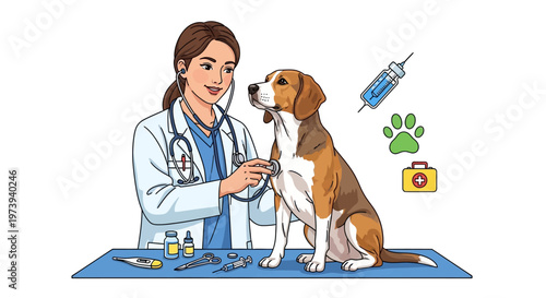 A caring female veterinarian wearing a white coat examines a cute beagle dog with a stethoscope on a blue surgical table in a vector illustration against a clean white background