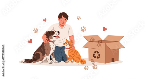 A heartwarming vector illustration depicts a person embracing a dog and a cat next to an open cardboard box, symbolizing pet adoption and care against a clean white background