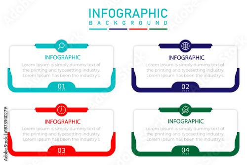Infographic timeline template with rectangular diagram | 4 steps business process representation chart with half side border and icon elements | Modern organization annual report diagram