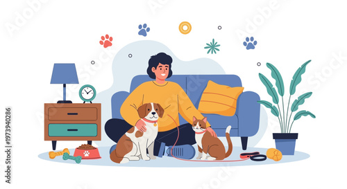 A flat vector illustration shows a smiling person caring for their dog and cat next to a blue couch with a side table and plant against a white background, conveying a warm and comforting