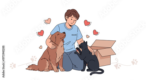 A caring person gently hugging a golden retriever while a black cat reaches a paw towards them near a cardboard box, conveying animal adoption in a bright, hand-drawn vector illustration