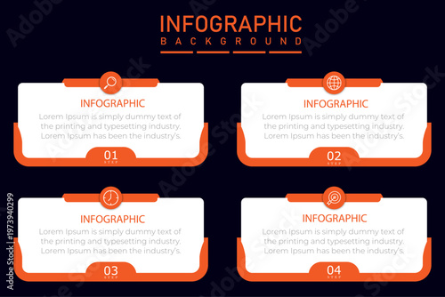 Infographic timeline template with rectangle diagram | 4 steps business process representation chart with half side border with icon | Modern organization annual report diagram