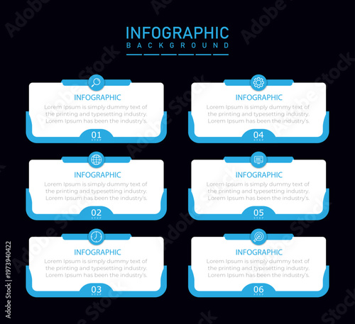 Infographic timeline template with clean rectangle diagram | 6 steps business process representation chart styled with blue stylish border alongside icons | Modern organization annual report diagram