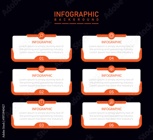 Infographic timeline template with clean rectangle diagram | 6 steps business process representation chart styled with golden orange border alongside icons | Modern organization annual report diagram