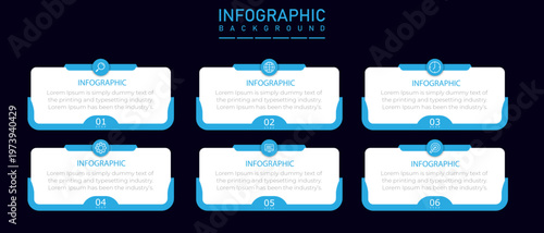 Infographic timeline template using rectangle diagram layout | 6 steps business process representation chart designed with blue border including icons | Modern organization annual report 