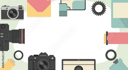 This flat vector illustration features photography gear like cameras, lenses, and film rolls around a central oval space for your text.