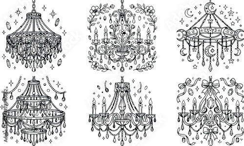 Intricate vintage chandelier coloring book page set with floral star bow moon crystals elegant pendant detailed vector art collection for decorative lighting design images